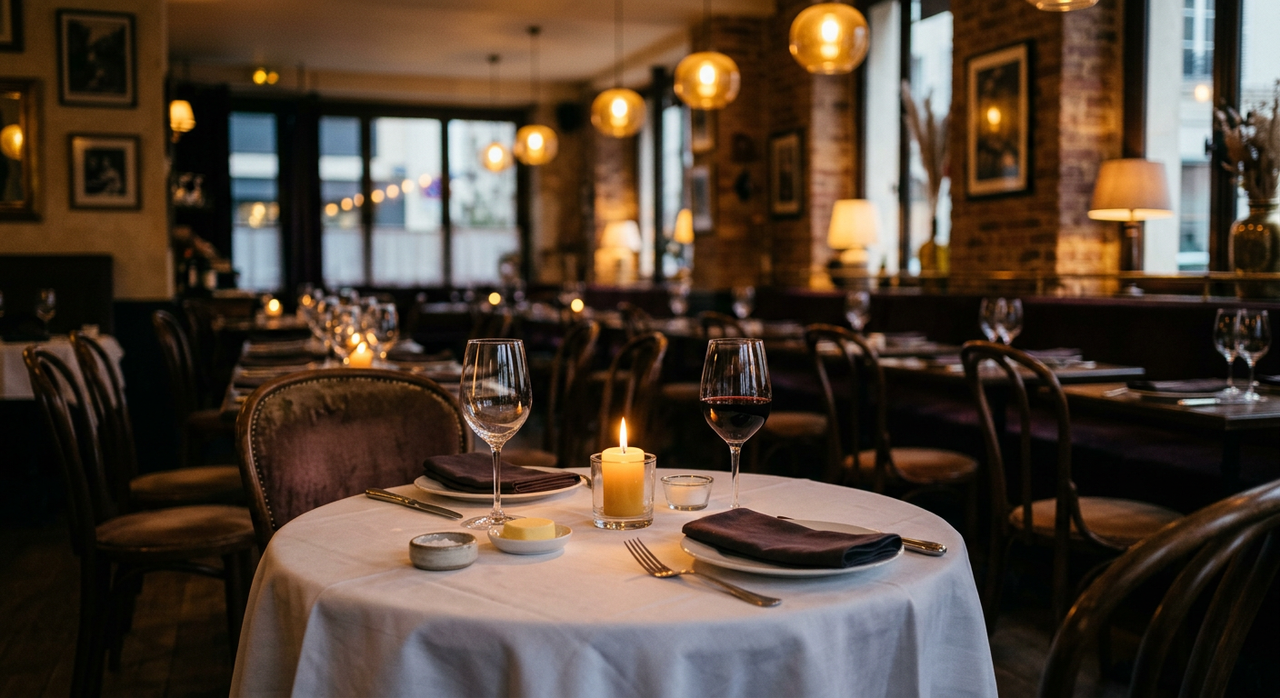 Salle d'un bistrot le soir, une table dressée au premier plan avant le service